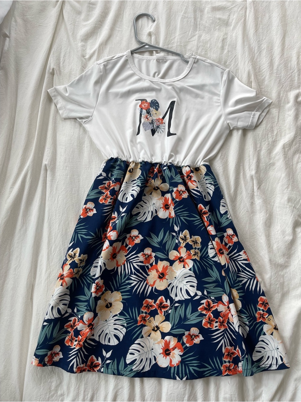 SHEIN White Top with Navy Floral Skirt Dress